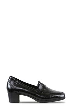 A chunky stacked heel elevates this street-chic loafer pump in supple lambskin leather adorned with a classic penny keeper strap. 2" heel (size 8.5) Removable, cushioned insole with arch support Leather upper/synthetic lining/rubber sole Imported Classic Patent Leather Loafers With Block Heel, Classic Low Heel Heels With Leather Footbed, Black Low Heel Platform Loafers For Formal Occasions, Slip-on Heels With Textured Sole For Formal Occasions, Fall Formal Platform Loafers With Stacked Heel, Formal Fall Platform Loafers With Stacked Heel, Workwear Loafers With Reinforced Low Heel, Classic Closed Toe Platform Loafers, Classic Black Low Heel Platform Loafers