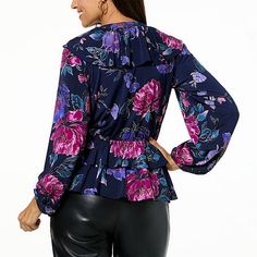 Colleen Lopez Printed Knit Ruffle Blouse  Whether at work or at play, get ready to style out wearing this printed jersey knit blouse with ruffle detail. The elastic waist provides much-needed comfort, while the tiered peplum bottom adds a touch of elegance to your look. Stretch Floral Print Tops For Layering, Floral Print Stretch Tops For Work, Stretch Floral Print Tops For Work, Casual Peplum Blouse For Fall, Casual Floral Print Peplum Top, Fall Peplum Top With Ruffle Hem, Printed Jersey, Metallic Knit, Knit Blouse