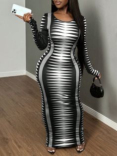 Women's Round Neck Long Sleeve Printed Bodycon Dress Grey Casual  Long Sleeve Knitted Fabric Colorblock,Striped Bodycon High Stretch  Women Clothing, size features are:Bust: ,Length: ,Sleeve Length: