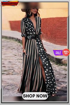 Women Fashion V-neck Half Sleeve Striped Polka Dot Dress Retro Polka Dot V-neck Dress, Retro V-neck Polka Dot Dress, Summer Long Sleeve Polka Dot Maxi Dress, Summer Long Sleeve Maxi Dress In Polka Dot, Polka Dot Long Sleeve Maxi Dress For Summer, Chic Polka Dot V-neck Dress, Casual Polka Dot Maxi Dress For Fall, Black Retro Maxi Dress For Spring, Fall Retro V-neck Maxi Dress