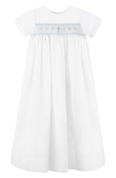 An embroidered cross accents the hand-smocked yoke of a charming christening gown finished with crisp pintucks and paired with a coordinating bonnet. Gown has back button closure Lined 100% cotton Hand wash, line dry Imported Kids' Wear Embroidered Cross, Christening Gown, Christening Gowns, Little Outfits, Pin Tucks, Baby Sets, Kids Wear, Christening, Off Shoulder Blouse