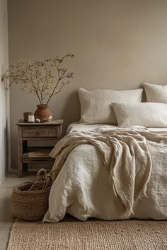 a bed with white linens and pillows in a neutral colored bedroom, along with a wicker basket on the floor