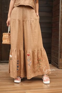 Embroidered Linen Pants, Tiered Linen Pants, Wide Leg Pants, Linen Palazzo Pants, High Waisted Pants, Flowy Linen Pants, Embroidered Pants - Etsy Flowy Linen Pants, Linen Palazzo Pants, Wide Leg Pants High Waisted, Pant Pattern, Custom Pants, Pants Linen, Women Bottoms, Pants High Waisted, Embroidered Pants