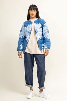 Blue quilted bomber jacket with batik floral print. - Aza Fashions Casual Batik Print Outerwear For Fall, Casual Long Sleeve Outerwear With Batik Print, Casual Long Sleeve Batik Print Outerwear, Casual Spring Outerwear With Batik Print, Casual Batik Print Outerwear For Spring, Round Collar, Jacket Pattern, Full Sleeve, Aza Fashion