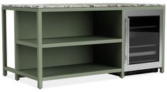 a green shelf with marble top and two shelves on each side, one is open