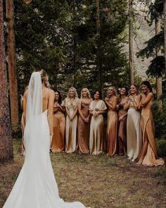 a bride and her bridal party standing in the woods with their backs to each other