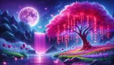 a painting of a waterfall in the night with pink flowers and butterflies flying over it