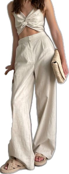 Chic Beige Wide Leg Dress Pants, Chic Beige Wide-leg Dress Pants, Elegant Beige Dress Pants With Pockets, Summer Beige Dress Trousers, Beige Straight Dress Pants For Summer, Elegant Cream Relaxed Fit Bottoms, Elegant Cream Straight Leg Bottoms, Classic High Waist Linen Pants, Beige Straight Leg Pants For Office