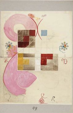 an abstract painting with pink, yellow and red shapes on white paper in a gray frame