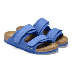 Uji Nubuck/Suede Leather Ultra Blue | BIRKENSTOCK Suede Slides With Removable Insole And Double Strap, Suede Double Strap Slides With Removable Insole, Blue Adjustable Sandals With Buckle Closure, Blue Open Toe Sandals With Adjustable Straps, Adjustable Blue Sandals With Buckle Closure, Blue Suede Sandals With Leather Footbed, Suede Double Strap Footbed Sandals With Adjustable Strap, Blue Leather Footbed Sandals For Summer, Blue Leather Footbed Sandals With Round Toe