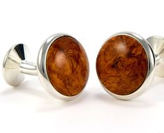 "Imagine yourself in these luxurious Amboyna Burl Wooden Cufflinks and steal the show! Each silver cufflink displays its very own character, color & texture, making them a unique and stylish gift. \"The cufflinks made for your favorite dress shirt\" ► 18 mm (3/4\") diameter fixed-back silver overlay wooden cufflinks ► Add a matching tie bar 6mm x 50mm (1/4\" x 2\") for under $20.00 ► Add 10 mm (3/8\") silver overlay studs (4 or 5 studs), choose from menu ► Natural wood color with a durable g Wooden Cufflinks, Amboyna Burl, Tuxedo Studs, Wedding Cuff Links, Anniversary Gift For Husband, Wedding Cuff, Burl Wood, 5th Anniversary, Anniversary Gifts For Husband