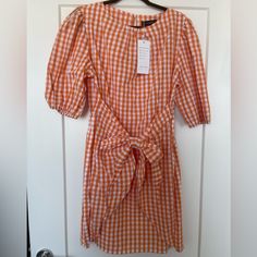 Orange Dress Size Xl New With Tags Spring Plaid Midi Dress Knee-length, Casual Gingham Mini Dress For Fall, Casual Gingham Cotton Midi Dress, Gingham Plaid Short Sleeve Dress For Summer, Summer Gingham Midi Dress For Daywear, Fitted Gingham Midi Dress For Spring, Chic Plaid Cotton Midi Dress, Spring Brunch Plaid Dress, Knee-length Plaid Dress For Spring Daywear