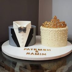 two cakes decorated to look like men in tuxedos and bow ties are sitting on a table