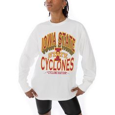 Showcase your Iowa State Cyclones spirit with this comfy and stylish Oversized Long Sleeve T-Shirt from Gameday Couture. This oversized long sleeve tee is crafted from midweight cotton fabric for a comfy and relaxed feel. It features dropped shoulders for enhanced freedom of movement and a distressed team name and logo printed across the front make a stylish statement. Collegiate Long Sleeve T-shirt With Relaxed Fit, Long Sleeve T-shirt With Text Print For Loungewear, Collegiate Long Sleeve T-shirt With Graphic Print, Collegiate Long Sleeve Graphic Print T-shirt, Collegiate Long Sleeve Graphic Print Tops, Collegiate Long Sleeve T-shirt With Letter Print, Collegiate Long Sleeve Letter Print T-shirt, Collegiate Long Sleeve T-shirt With Screen Print, Collegiate Long Sleeve Relaxed Fit T-shirt