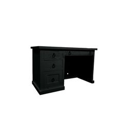 a black desk with two drawers and one drawer on the top, against a white background