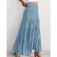 Light Blue Bohemia Pleated High Waist Maxi Skirt Casual Light Blue Lined Maxi Skirt, Blue Flowy Full Maxi Skirt, Flowy Light Blue Lined Maxi Skirt, Casual Blue Pleated Maxi Skirt, Light Blue Maxi Skirt, Light Blue Pleated Flowy Skirt, Blue Maxi Skirt Outfit, Long Blue Skirts, High Waist Maxi Skirt