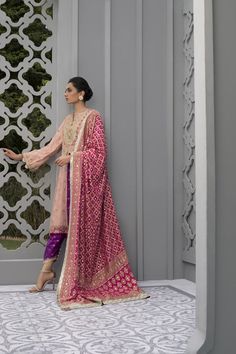 Semi-stitched Pink Lawn Suit With Dabka Work, Pink Naqshi Salwar Kameez For Festivals, Pink Naqshi Sharara For Diwali, Festive Pink Sharara With Naqshi Details, Festive Pink Sharara With Naqshi Embroidery, Pink Naqshi Sharara For Wedding, Pink Naqshi Kurta For Festivals, Pink Naqshi Chanderi Traditional Wear, Wedding Pink Sharara With Naqshi Detailing