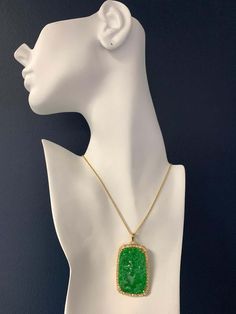 For Sale on 1stdibs - Rare GIA Certified Estate Natural Diamond and Jade 18k Yellow Gold Pendant measuring 43.01x28.25x4.44mm. The Pendant is set with a Natural Translucent Luxury Green Cabochon Jewelry, Luxury Emerald Rectangular Pendant Jewelry, Luxury Green Oval Necklace, Luxury Green Cabochon Necklace, Green Rectangular Pendant Jewelry For Formal Occasions, Green Cabochon Jewelry For Party, Green Rectangular Pendant For Formal Occasions, Luxury Green Stone Necklaces, Green Cabochon Necklace For Anniversary