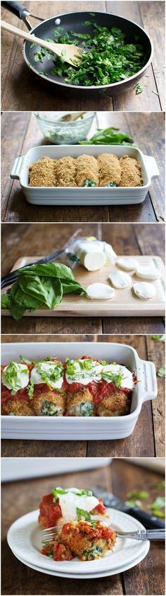 the steps to make chicken parmesan casserole are shown in three different stages