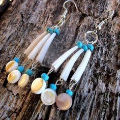 three seashells and blue beads are hanging from earrings on a piece of wood