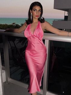 F00115942-305 Pink V-neck Halter Dress For Night Out, Elegant Pink Satin Bodycon Dress, Pink Satin Backless Midi Dress, Elegant Pink Halter Neck Bodycon Dress, Pink Chic Maxi Halter Dress, Pink Backless Midi Dress For Night Out, Pink Midi Length Backless Dress For Night Out, Elegant Pink Satin Halter Dress, Pink Satin Halter Neck Maxi Dress