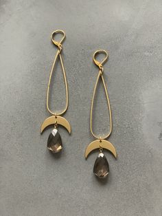 18k gold plated lever back earrings with black brass, tarnish resistant brass and smokey quartz. 4��” length. Luxury Tarnish Resistant Brass Jewelry, Luxury Tarnish-resistant Brass Earrings, Luxury Tarnish-resistant Brass Jewelry, Cheap Brass Dangle Jewelry, Silversmithing Jewelry, Wire Jewelery, Funky Jewelry, Upcycled Jewelry, Black And Brass