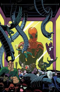 the amazing spider - man and his friends are surrounded by many other characters in this cover art