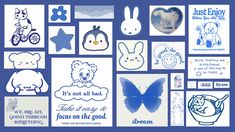 a collage of blue and white stickers with animals, birds, butterflies, stars