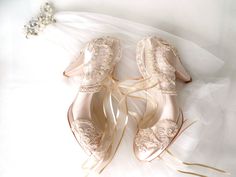 "Champagne lace embellished wedding shoes for bride, custom heel heights available. Elegant receptions or vintage weddings, these wedding heels compliment your wedding theme beautifully! Custom wedding gift, bachelorette gift, personalized engagement gift. Champagne satin shoes are designed with embroidered lace. Champagne beads and shiny sequins are used on the embroidery and organza ribbons tie on the front. They are made of soft smooth satin and delicate lace, each handmade item is unique and Embellished Wedding Shoes, Lace Wedding Shoes, Sparkly Wedding Shoes, Wedding Shoes For Bride, Custom Heels, Custom Wedding Shoes, Shoes For Bride, Pink Wedding Shoes, Personalized Engagement Gifts