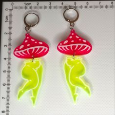 Mushroom Goddess Acrylic Dangle Earrings. Make A Statement With These Beautiful Lightweight Acrylic Earrings. Hoop Clasped For Extra Secure Fit In Ears. Goofy Earrings, Pride Crafts, Mushroom Goddess, Toothpaste Kisses, Silly Earrings, Quirky Accessories, Demon Aesthetic, Weird Earrings, In Ears