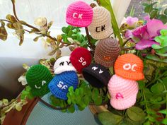 small crocheted hats sitting on top of a plant in front of a window