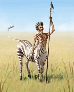 a painting of a zebra and a man with a spear on it's back