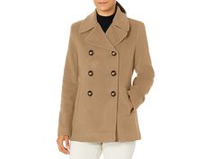 Calvin Klein Double Breasted Peacoat - Women's Coat : Camel : Elevate your professional style in the Calvin Klein Double Breasted Peacoat. The lightweight coat with princess seaming features a notched lapel and front slash pockets that create an effortless look. Structured shoulders and long sleeve construction. Front seaming detail for shaped fit, notch lapel collar, and three-button front closure. Back vent for comfort and fit. Luxe stretch season-less fabric. 70% wool, 20% nylon, 10% cashmere Peacoat Womens, Sleeve Construction, Professional Style, Professional Fashion, Calvin Klein Woman, Women's Coat, Lapel Collar, Womens Calvin Klein, Product Reviews