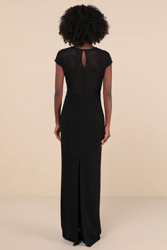 Everyone will be asking about the captivating babe in the Lulus Truly Mysterious Black Sheer Mesh Cap Sleeve Maxi Dress! Stretchy techno crepe knit shapes this alluring dress that begins with a sweetheart-style bodice with a crew neckline and a sheer dÃ©colletage that flows into chic cap sleeves and a matching sheer back. High, fitted waist sits atop a figure-skimming column skirt with an elegant maxi hem. A top button closure secures atop a keyhole cutout at the back before falling to a classic Winter Wedding Guest Dress, Winter Wedding Guests, Column Skirt, Mesh Cap, Sleeve Maxi Dress, Maxi Dress With Sleeves, Guest Dresses, Cap Sleeve, Wedding Guest Dress