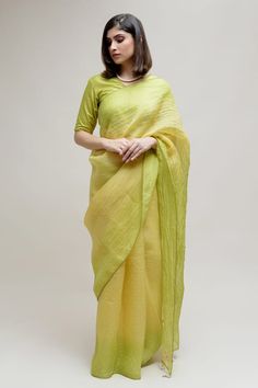 Lime green bandhani saree featuring blanket stitch on the hem with tassels. Paired with a padded blouse featuring back cut-out and blanket stitch around the neckline. - Aza Fashions Green Bandhani Saree, Padded Blouse, Bandhani Saree, Blouse For Women, Blanket Stitch, Saree With Blouse, Aza Fashion, Lime Green, Hand Embroidered