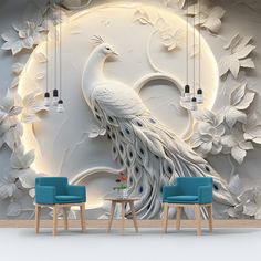 two chairs in front of a wall mural with a peacock on it's side