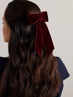 Jennifer Behr's hair clip has been handmade in Brooklyn from thick velvet knotted into a wide bow. The steel French barrette closure ensures it will stay in place all day or night. Velvet Hair Bow, Jennifer Behr, Velvet Hair, Hair Ribbon, French Barrette, Ski Wear, Clothes Collection, Everyday Wardrobe, Jeans Dress