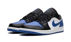 The Air Jordan 1 Low "Royal Toe" is a colorway of the retro basketball shoe inspired by two of the model’s original releases.  The Jordan 1 “Black Toe” and “Royal” editions serve as the inspiration behind the Jordan 1 Low “Royal Toe. ” More specifically, the shoe has a Royal Blue leather toe box with contrasting black leather on the toe cap, forefoot, and eyelets.  The mid-panel is designed in white leather while a Royal Blue leather Swoosh is seen on either side.  Classic “Wings” branding is em Jordan 1 Black Toe, Sneakers Box, Kobe Shoes, Retro Basketball Shoes, Retro Basketball, Nike Air Jordan 1 Low, Fitting Room, Sneaker Release, Air Jordan 1 Low