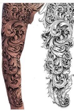 an intricately detailed arm and leg tattoo