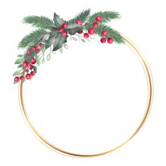 a christmas wreath with holly and red berries on it, surrounded by gold circle frame