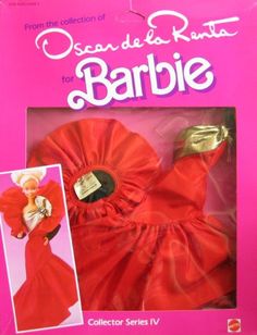 the barbie doll is wearing a red dress