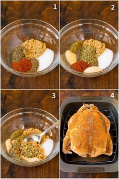 four pictures showing how to make an oven baked chicken breast with spices and seasonings