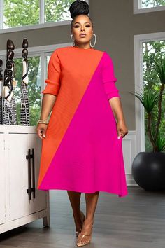 Xpluswear Design Plus Size Business Casual Multicolor Colorblock Round Neck 3/4 Sleeve Midi Dresses Plus Size Ankara Styles For Women, Plus Size Outfits Casual Comfy, Plus Size Parisian Style, Plus Size Business Casual Work Clothes, Plus Size Autumn Outfits, Modest Plus Size Fashion, Plus Size Business Casual, Plus Size Outfits Casual, Linen Dress Pattern