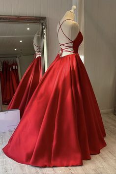 Simple Backless Red Satin Long Evening Dress, Backless Red Formal Dresses Modest Red Prom Dress, Square Neckline Prom Dress, Dark Red Prom Dress, Red Formal Gown, Satin Long Prom Dress, Red Prom Dress Long, Prom Dresses Simple, A Line Evening Dress, Corset Dress Prom