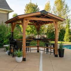 Granada Grill Gazebo on patio by pool Black Steel Roof, Contemporary Color Schemes, Outdoor Grill Station, Grill Gazebo, Steel Roof, Backyard Bar, Entertaining Space, Gazebo Pergola, Timeless Decor