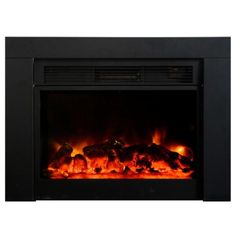 an electric fireplace with two packs of fire logs on the front and one is black