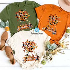 Casual Multicolor T-shirt For Disney Trips, Thanksgiving Disney Outfits, Disney T-shirt With Cartoon Print For Fall, Disney Letter Print T-shirt For Fall, Casual T-shirt For Disney Fan Events In Fall, Multicolor Short Sleeve T-shirt For Disney Trips, Thanksgiving Disney, Disney Fall, Disney Thanksgiving