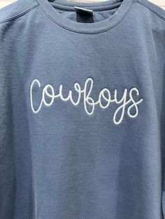 Check out our Vintage washed collegiate style Cowboys sweatshirt. Get ready for the cooler weather sure to be here soon. The Comfort Colors Sweatshirt with custom embroidery "Cowboys" is a sure fit for our favorite team. From Little league to the professional league, this is a must have sweatshirt. All embroidery is custom made to your order. Please allow 5-7 business days to ship. Please provide any comments or questions in the comment box at time of checkout. Grandma Era, Cowboys Sweatshirt, Cowboy Embroidery, Collegiate Style, Comfort Colors Sweatshirt, Football Sweatshirt, Embroidery Sweatshirt, Cooler Weather, Custom Embroidery