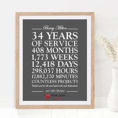 a framed print with the dates for three years of service in black on a white wall