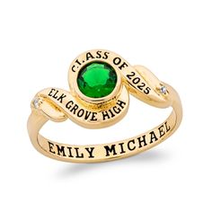 Turn your class ring into a stylish accessory with this personalized and engravable simulated gemstone and diamond accent bypass frame class ring. Fashioned in your choice of metal This look glistens with the 5.0mm bezel-set round simulated birthstone you select at the center. Customize the bypassing ribbons of the swirl frame with your class year and school name - each 14 characters max - inscribed in an uppercase font. Diamond accents dot the shorter polished ribbons for a hint of shimmer. Com Personalized Diamond Birthstone Ring Elegant, Elegant Personalized Round Cut Birthstone Ring, Customizable Elegant Diamond Rings, Elegant Customizable Diamond Rings, Classic Personalized Oval Birthstone Ring, Personalized Green Rings For Anniversary, Elegant Personalized Ring With May Birthstone, Graduation Rings College, Custom Class Rings